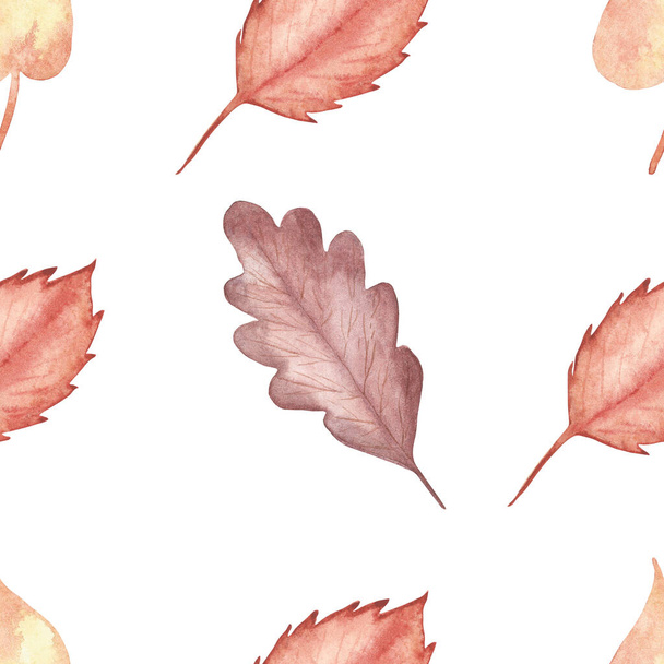 Watercolor hand painted nature autumn season seamless pattern with red, yellow and brown fall withered tree leaves isolated on the white background for print design - Foto, imagen