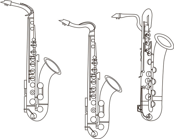 Saksofoniyhtyeiden ääriviivat, soittimien ääriviivat valkoisella pohjalla - Vektori, kuva