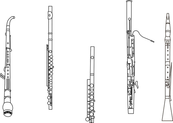 Schwarze Linienzeichnungen von Umrissen von Englischhorn, Flöte, Piccolo, Fagott und Oboe auf weißem Hintergrund - Vektor, Bild