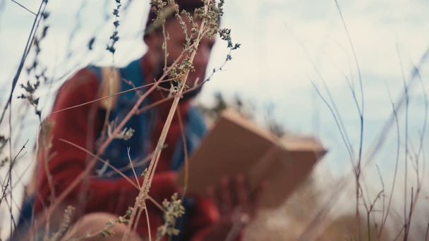 Szelektív fókusz növények közelében ember olvasókönyv - Felvétel, videó