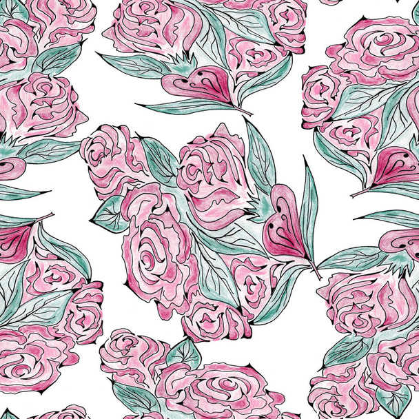 ピンクの庭のバラのシームレスパターン.  - 写真・画像