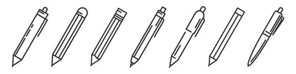 Στυλό και μολύβια απομονωμένα. Σύνολο εικονιδίων εργαλείων γραφής. Εικονογράφηση διανύσματος. Γραμμικά υποδείγματα από στυλό και μολύβια - Διάνυσμα, εικόνα