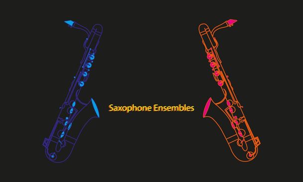 Смешанные цветные линии рисуют фигуры или контуры саксофонских ансамблей музыкальные инструменты контур на черном фоне  - Вектор,изображение