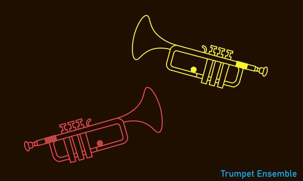 Színes neon vonal, forma vagy vázlat formák hangszerek trombita együttes egyszerű élénk kontúr illusztráció fekete alapon - Vektor, kép