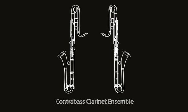 White line drawings of outline Contrabass Clarinet ensemble musical instrument contour on a black background - Vector, Image
