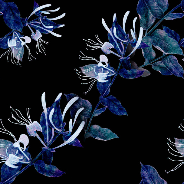 Geißblatt. Zweig mit Blüten und Knospen. Gartenblume. Nahtlose Muster auf einem Aquarell-Hintergrund. Verwenden Sie Druckmaterialien, Schilder, Poster, Postkarten, Verpackungen. - Foto, Bild