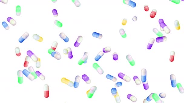 Viele medizinische Kapseln fliegen auf weißem Hintergrund. Medizin und Pharma-Konzept. 3D-Animation der rotierenden bunten Pillenkapsel. Schleifenanimation. - Filmmaterial, Video
