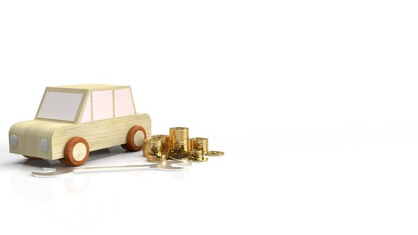auto giocattolo di legno e chiave monete d'oro su sfondo bianco rendering 3d. - Foto, immagini