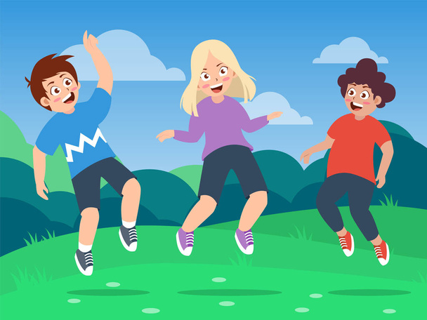 enfants heureux avec différents genres sautant sur le terrain, illustration vectorielle de dessin animé - Vecteur, image