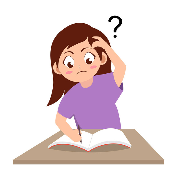 menina confuso fazendo lição de casa com ponto de interrogação, desenho animado ilustração vetorial - Vetor, Imagem