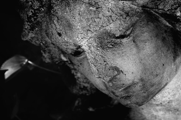 Morte. Chiudi angelo triste come simbolo di dolore, paura e fine della vita. Frammento di un'antica statua in pietra. Immagine orizzontale. - Foto, immagini