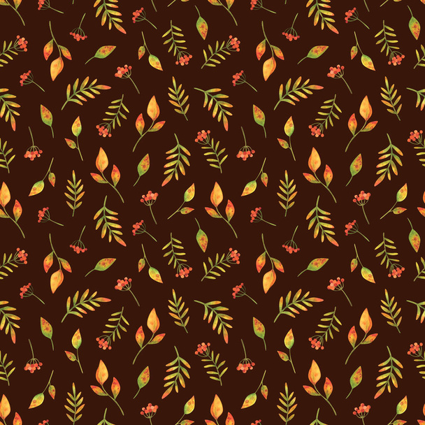 Clusters of autumn red berries and fallen leaves. Seamless pattern with watercolor illustrations on a maroon background. Small print for fabric, textile, paper and other designs. Stock ornament with plants - Photo, Image