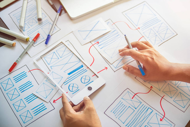 ux Graphic designer creative  sketch planning application process development prototype wireframe for web mobile phone . User experience concept. - Foto, Imagem
