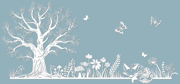 Template glade for to cut with a laser from paper. Line with mushrooms, grass, and butterflies, wood and flowers. For decoration and design. Template for laser cutting and Plotter. Vector illustration. Pattern for the laser cut, serigraphy - Vector, Image