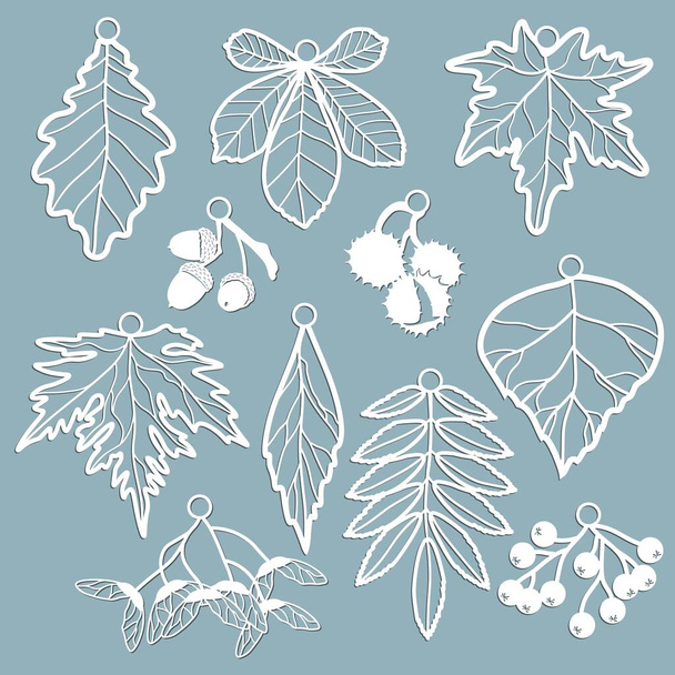 Set template for laser cutting and Plotter. Leaves Oak, maple, Rowan, chestnut, berries, acorn, seeds, birch, ash in the form of pendants. Leaves for decoration. Vector illustration. Sticker set. Plotter and screen printing - Вектор, зображення