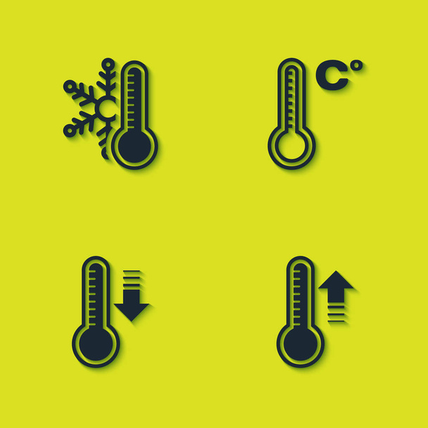 Σετ θερμόμετρο με νιφάδα χιονιού, θερμόμετρο μετεωρολογίας και εικονίδιο. Διάνυσμα. - Διάνυσμα, εικόνα