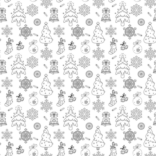 Patrón lineal de Año Nuevo sin costuras. Página para colorear para adultos y niños sobre fondo blanco en estilo de dibujos animados. Patrón con árboles de Navidad, campanas, copos de nieve, canela, naranja, campana, dulces - Foto, imagen