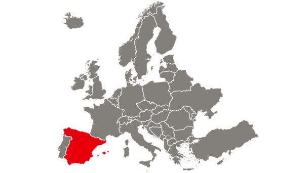 Spaniens rot blinkendes Land auf der Europakarte hervorgehoben - Filmmaterial, Video