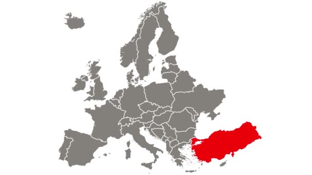 Turecko země blikající červená zvýrazněna na mapě Evropy - Záběry, video