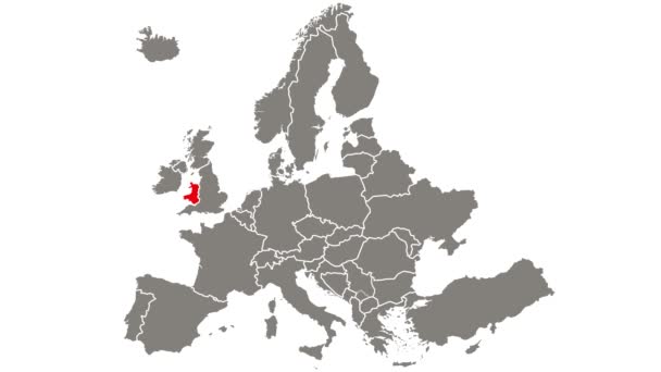 País de Gales parpadeando rojo resaltado en el mapa de Europa - Metraje, vídeo