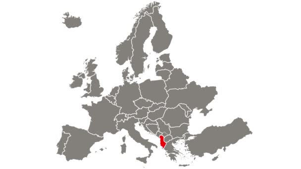 Albanië land knipperend rood gemarkeerd op kaart van Europa - Video