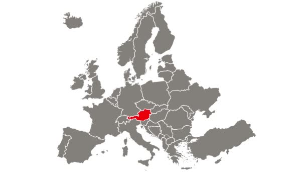 Österreich Land blinkt rot auf Europakarte hervorgehoben - Filmmaterial, Video