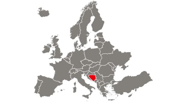 Bosnia país parpadeo rojo resaltado en el mapa de Europa - Imágenes, Vídeo