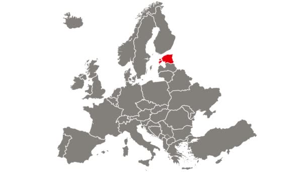Estland land knipperend rood gemarkeerd op kaart van Europa - Video
