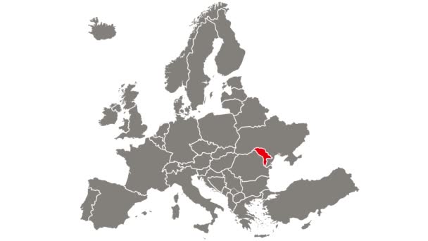 Moldavia país parpadeo rojo resaltado en el mapa de Europa - Metraje, vídeo