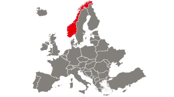Noorwegen land knipperend rood gemarkeerd op kaart van Europa - Video