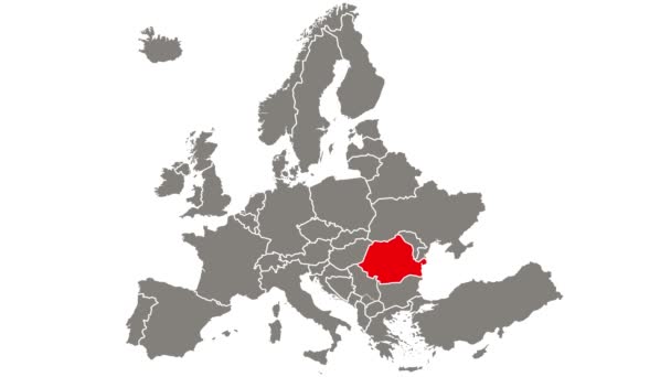 Rumäniens rot blinkendes Land auf Europakarte hervorgehoben - Filmmaterial, Video