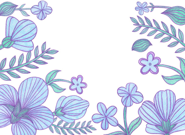 Dekorative Rahmen mit blauen Blumen im russischen Gzhel-Stil isoliert auf weißem Hintergrund - Foto, Bild