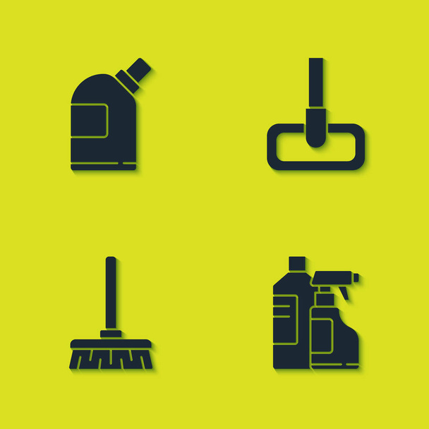 Set Bottles for cleaning agent, , Handle broom and Mop icon. Vector. - Vector, Image