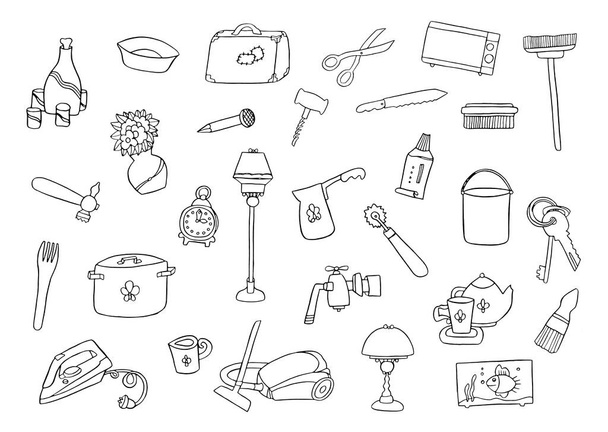 Kodinkoneet teemalla doodle asettaa erilaisia kodinkoneita ja kohteita - Valokuva, kuva