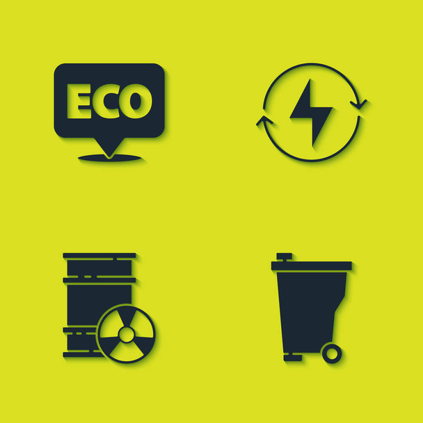 Etiket voor eco gezond voedsel, prullenbak, radioactief afval in vat en bliksemschicht pictogram. Vector. - Vector, afbeelding