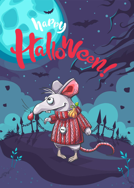 Happy Halloween funny cartoon mouse on the background of the moon, illustration. For print on demand, powerpoint and keynote presentations, advertisements and commercials, magazines and newspapers, book covers. - Vector, Image