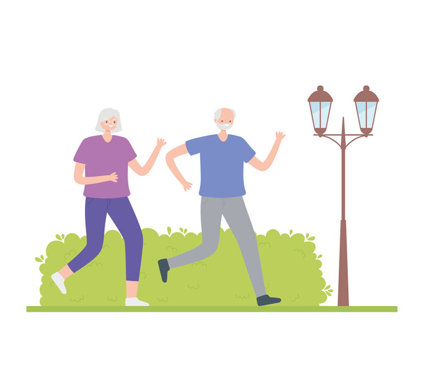 δραστηριότητα ηλικιωμένους, χαρούμενος ηλικιωμένοι ζευγάρι περπάτημα δραστηριότητα του αθλητισμού στο δρόμο - Διάνυσμα, εικόνα