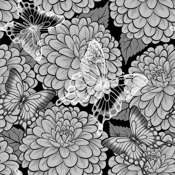kaunis musta ja valkoinen saumaton tausta perhosia ja daalioita
 - Vektori, kuva