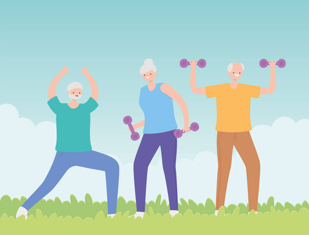 старшеклассники, группа пожилых людей, практикующих упражнения с гантелями в парке - Вектор,изображение