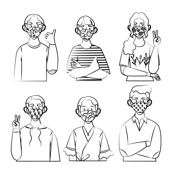 Persone con maschere viso illustratore - Vettoriali, immagini