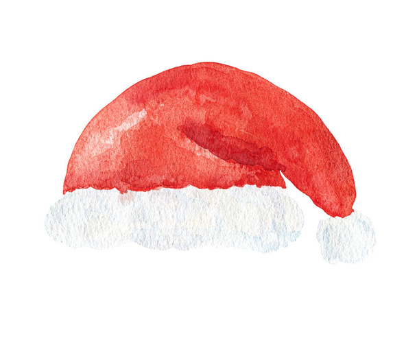 Acuarela Santa Claus sombrero rojo aislado sobre fondo blanco. ilustración dibujada a mano - Foto, Imagen