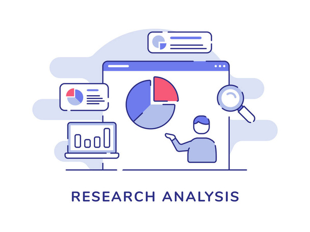 Research analysis concept man presentation data statistic pie chart on display computer screen with flat outline style - Vector, Image