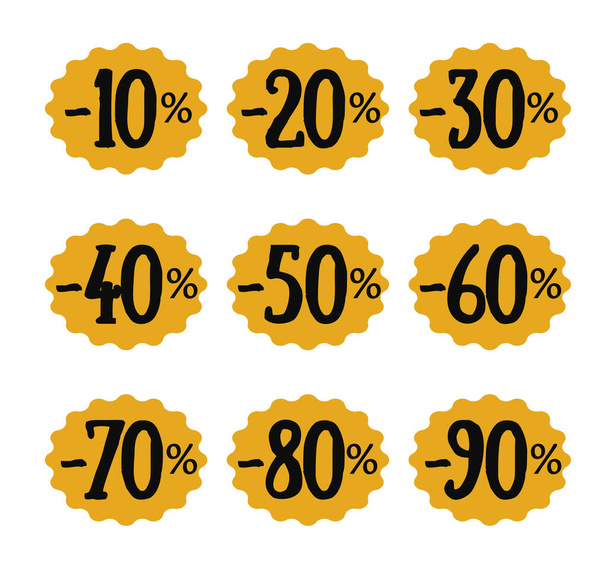 Satz von Rabattnummern. Vektor-Vorlagen für den Verkauf von Unternehmen. Gelbes ovales Logo mit dem Wert des Preises nach unten - Vektor, Bild