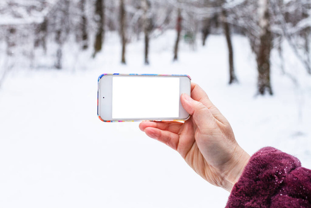 θηλυκό χέρι κατέχει smartphone με οθόνη αποκοπής στο δάσος του χειμώνα - Φωτογραφία, εικόνα