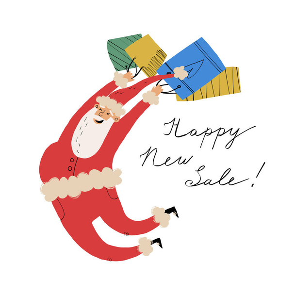 Χαριτωμένο και αστείο άλμα Άγιος Βασίλης με τσάντες shopper χαρτί και χειρόγραφη Happy New Sale. Σχεδιασμός διαφημιστικού banner. - Διάνυσμα, εικόνα