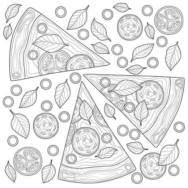 Pizza trzy sztuki.Food.Coloring książki antystresowe dla dzieci i dorosłych. Styl Zen-splątania. Rysunek czarno-biały - Wektor, obraz