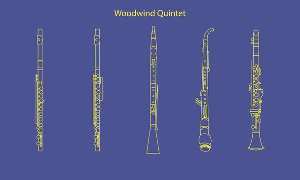 Το περίγραμμα των μουσικών οργάνων για ένα πρότυπο, για το σχολικό λεξικό εικονογράφηση. Κίτρινο περίγραμμα αγγλική κόρνα, φλάουτο, piccolo και όμποε. Εικόνα περίγραμμα κουιντέτο Woodwind σε μπλε φόντο - Διάνυσμα, εικόνα