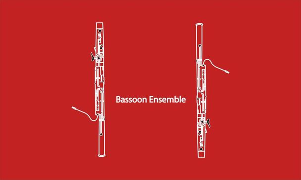 Outline Bassoon ensemble, white contour on a red background - Vector, Image