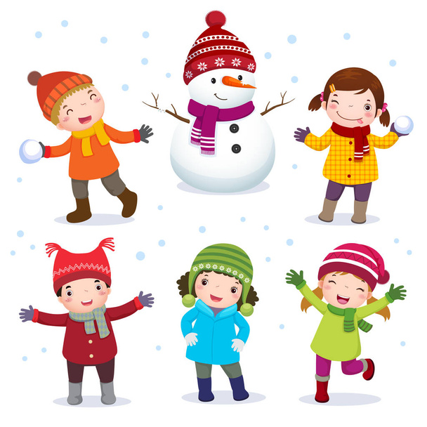 Collection of kids with snowman in winter costume - Vetor, Imagem