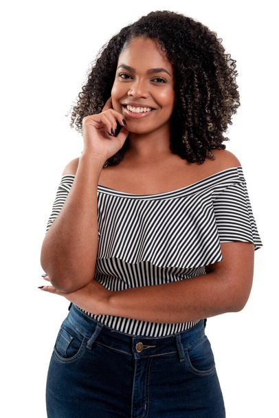 Studio photography of young and elegant black woman smiling isolated on white background in different everyday situations. Beautiful female model with white background. - Fotografie, Obrázek